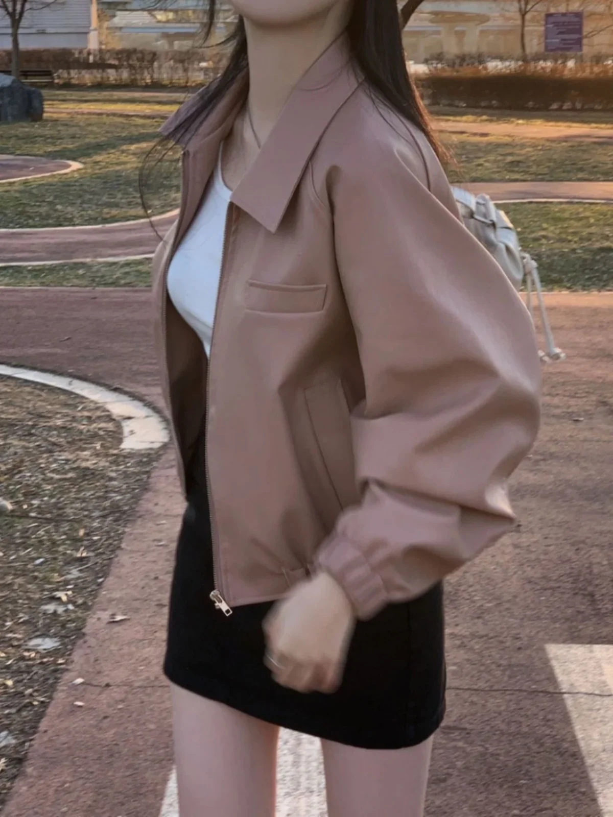 Cappotto corto in pelle retrò di Hong Kong Donna Primavera e autunno Design ampio Alto senso Casual Top tutto abbinato ZT294