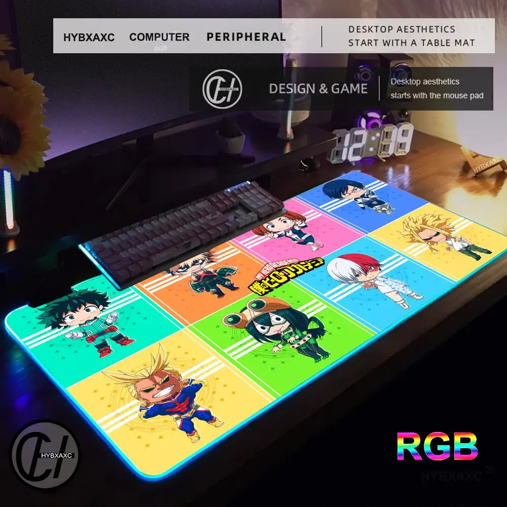 Academia Deku Anime My Hero RGB Mouse Pad LED Large Gamer Mousepads Computer Keyboard Mat Luminous Desk Mat Backlit