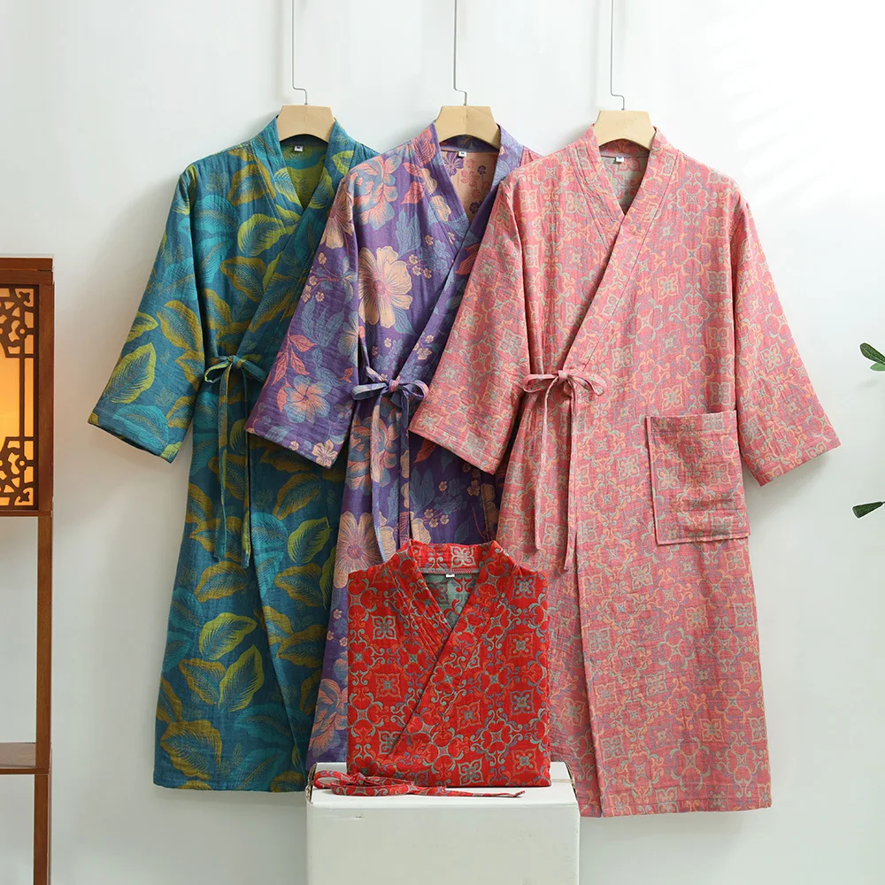 Cotton Bathrobes for Ladies Spring and Autumn National Style Home Wear Quick Drying Water Absorbing Bathrobe Women
