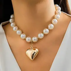 DIEZI Exaggerated CCB Heart Pendant Necklace Women Party Vintage Punk Fashion Pearl Beads Choker Statement Collar Neck Jewelry