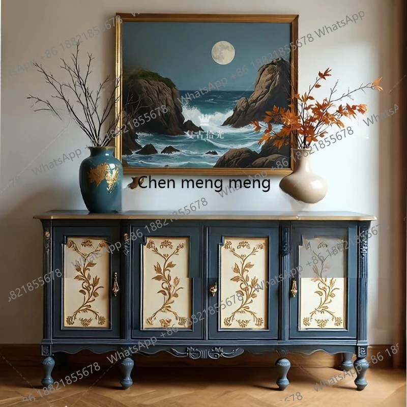 

French retro entrance cabinet, solid wood carving flower foyer, painted storage, living room decorative cabinet