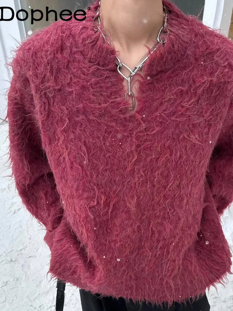 

Men's Warm Sweaters 2025 Autumn Winter New Loose Thick Pullover Knitted Tops Men's Solid Color Simple Handsome Comfort Knitwears