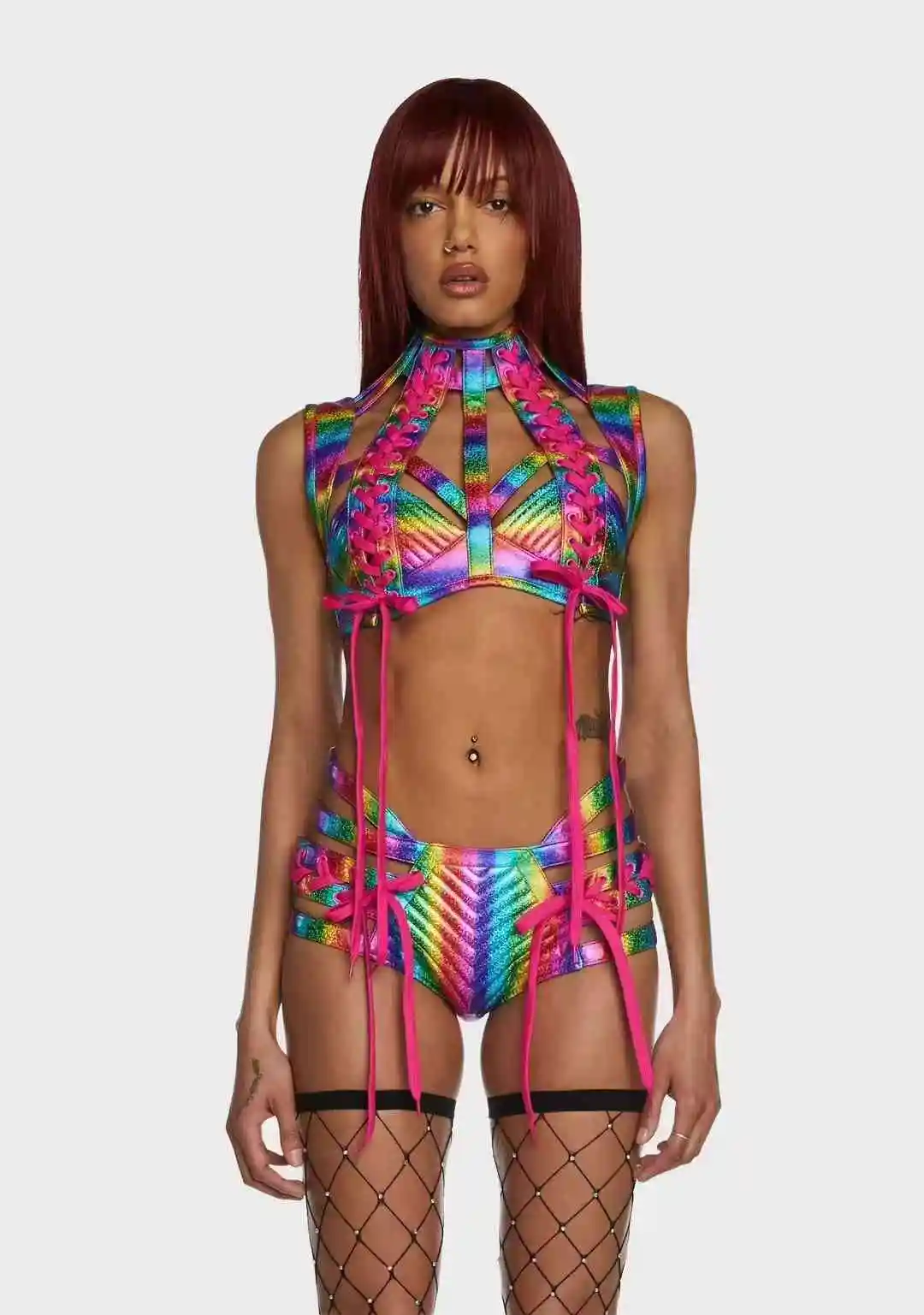 New Women Laser Multi-Color Bikini Music Festival Hot Girl Sexy Strap Awakening Dark Set Gothic Style Vest Bra Hollow Top Shorts