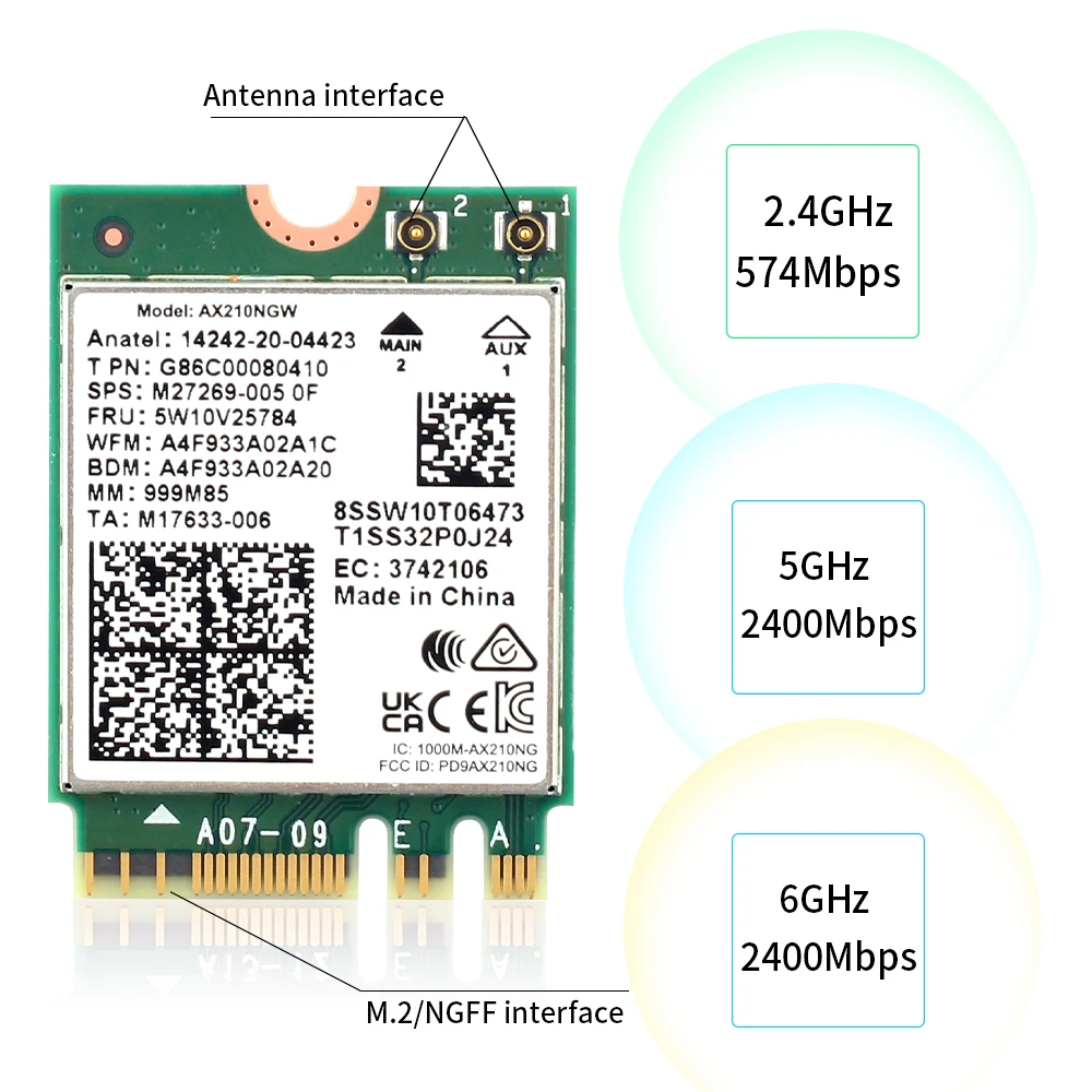 Wifi 6e ax210 cartão sem fio bluetooth 5.3 tri banda 2.4g/5ghz/6g desktop kit antena para intel ax210ngw m.2 ngff wlan wifi cartão