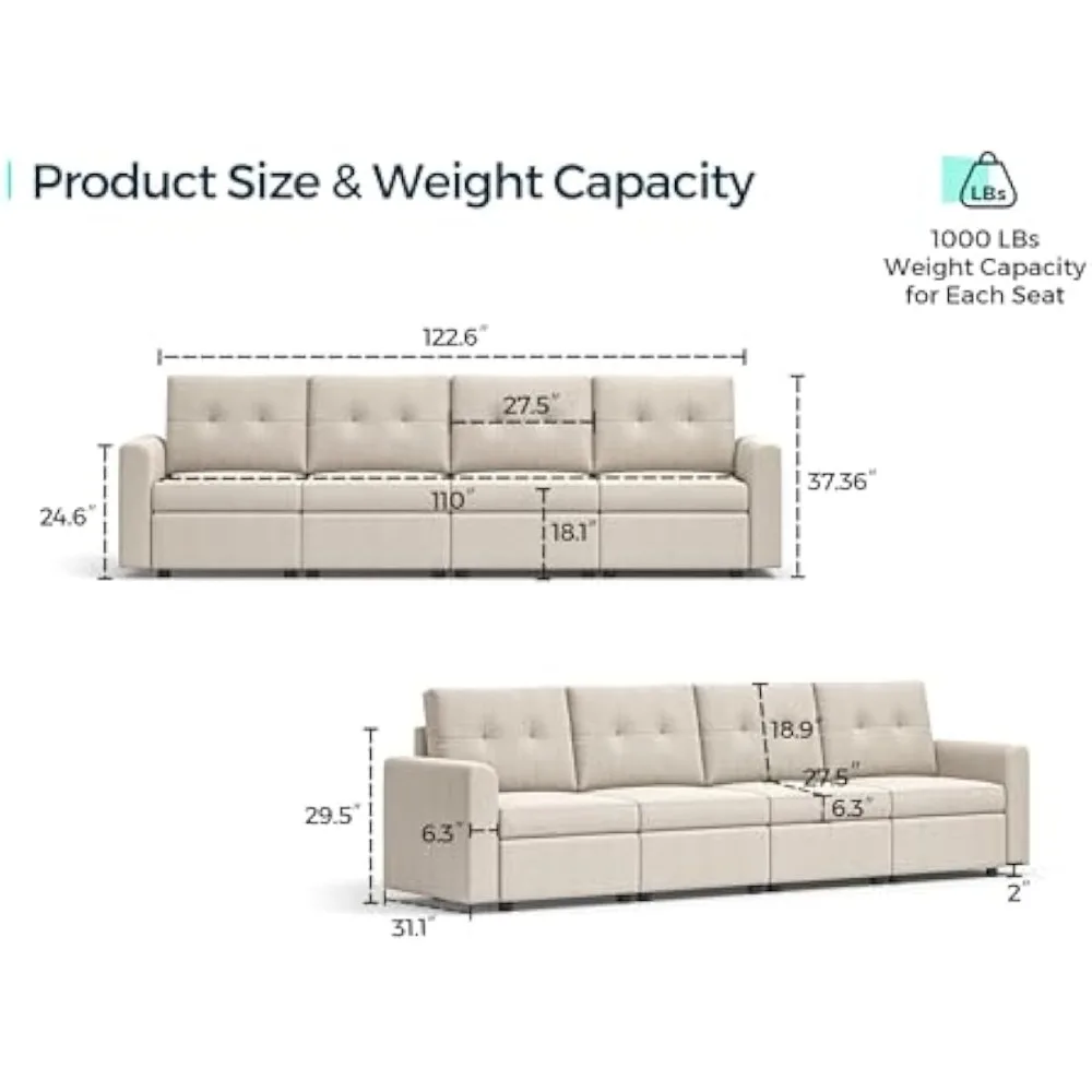 Living Room Sofas 4-seat Fabric Sofa Set, Deep Seated Modular Segmented Sofa, Modern Oversized Sofa Bed with Storage Seat