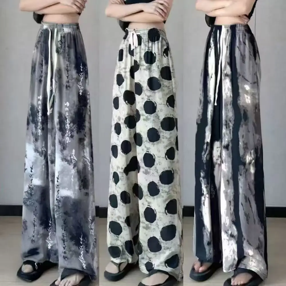 New Chinese Style Ice Silk Wide Leg Pants for Women's Spring Summer 2025 New High Waisted Straight Tube Ink Tie Dye Casual Pants