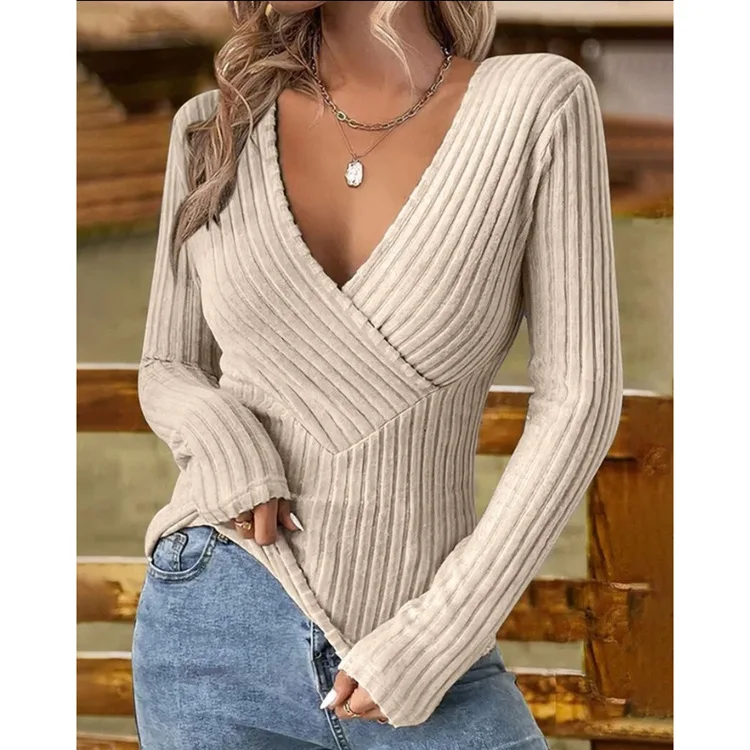 New Spring Autumn Women's Top Intellectual Style Pullover V-neck Slim Long-sleeved Fashion Casual T-shirt for Female