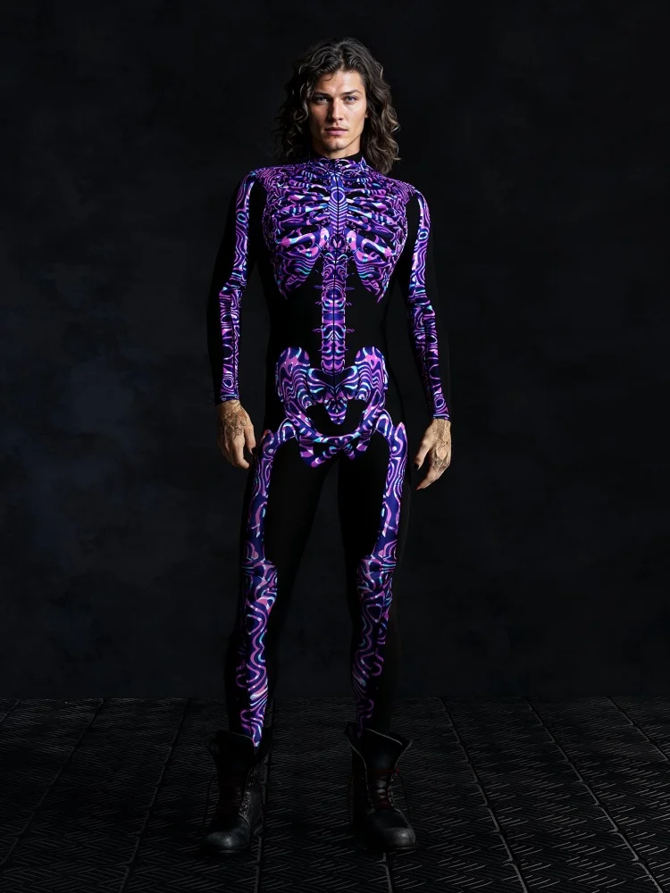

Halloween Purple Skeleton Adult Cosplay One-piece Costume Men Stage Performance Jumpsuit Dance Party Outfit 2025