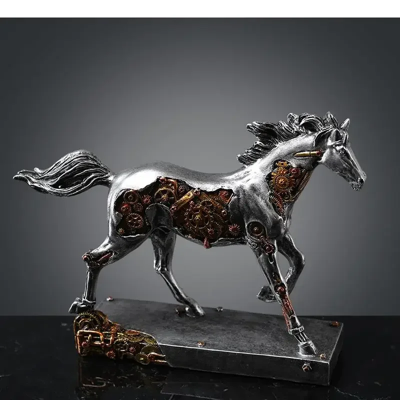 

Mechanical Animal Horse Sculpture Resin Crafts Ornaments Abstract Modern Home Decoration Silver Gear Animal Figures Accessories