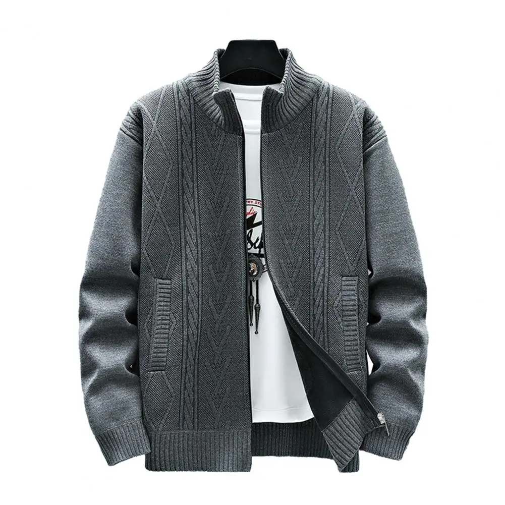 

Fall Knitted Cardigan Men Coat Solid Color Zip Up Stand Collar Long Sleeve Pockets Loose Applique Men Jacket