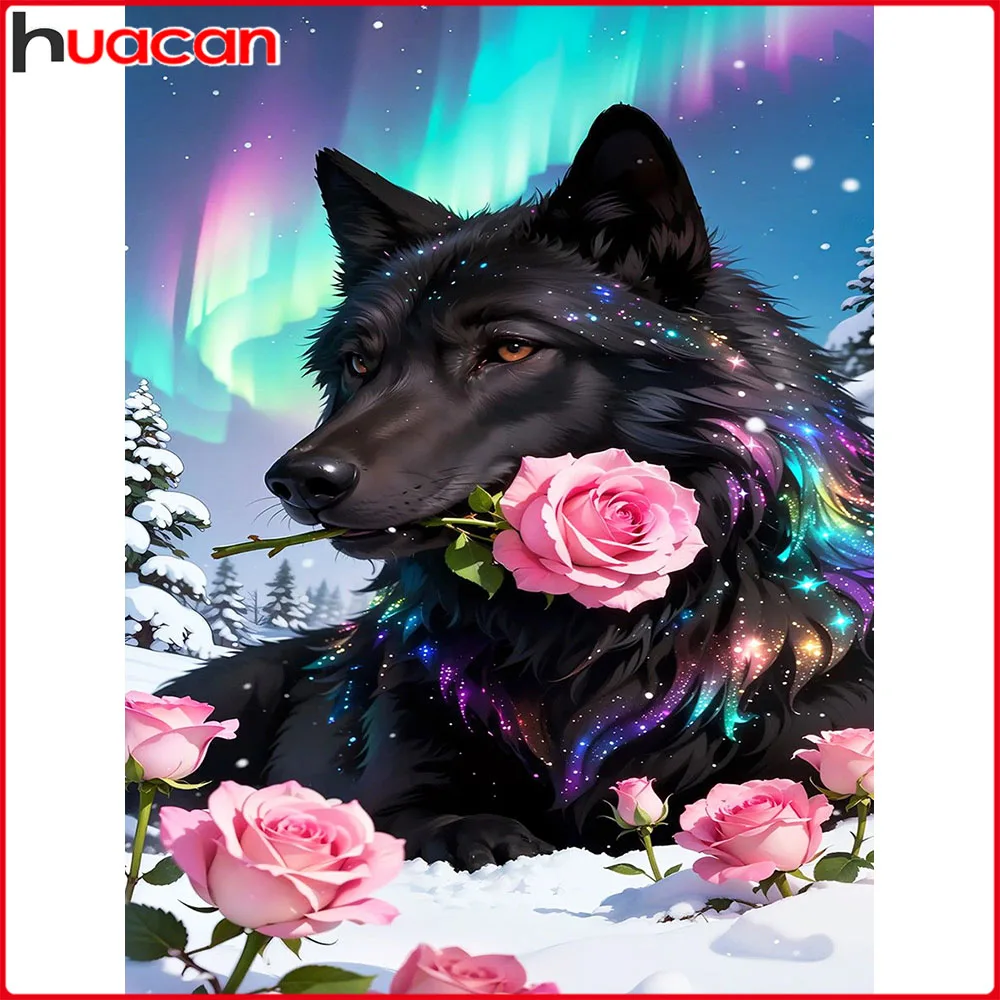 Huacan Volldiamantgemälde, Wolf, Rose, Diamantmosaik, Tierblume, neue Kollektion 2025, Strassbilder