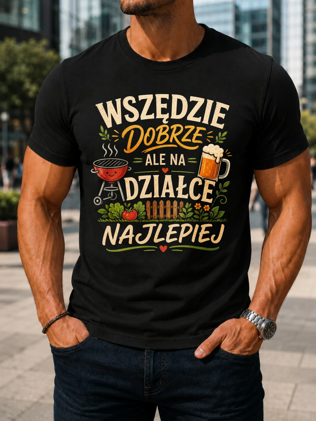 Polish Garden Rustic Wszedzie Dobrze Dzialce Najlepiej Text Grill Beer Plants And Fence Motif  Unisex All T-Shirt