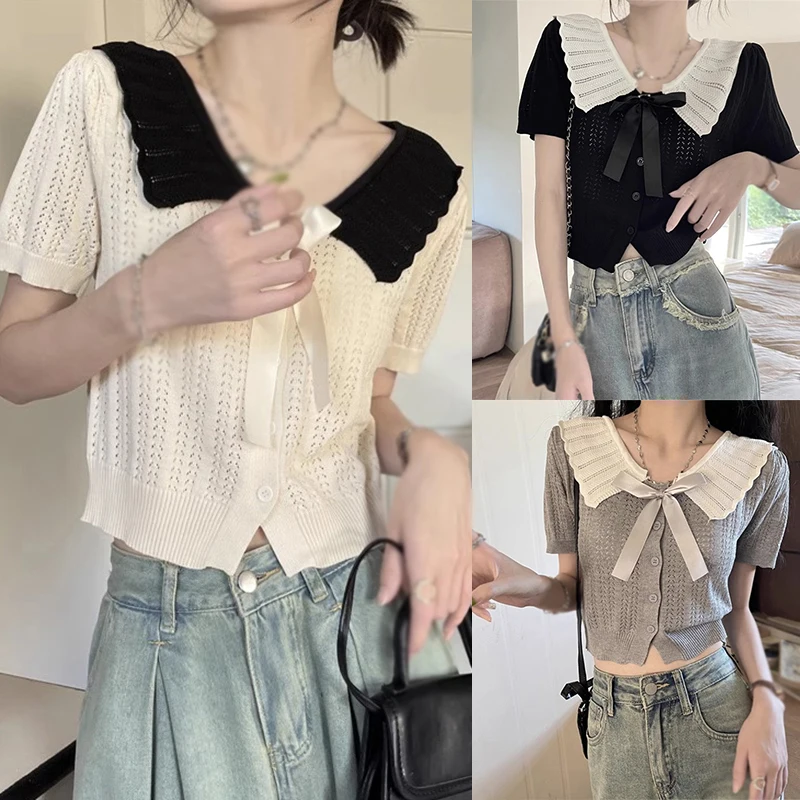 Women Summer doll collar bow contrast cut-out sweet gentle preppy knit short sleeve cardigan top black one size