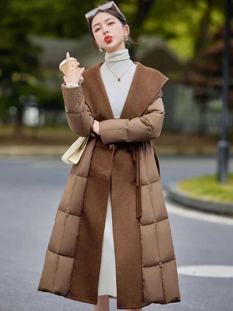 Retalhos de lã longo fofo puffer jaqueta feminina novo inverno cinto superior roupas femininas engrossar quente pato branco para baixo casaco