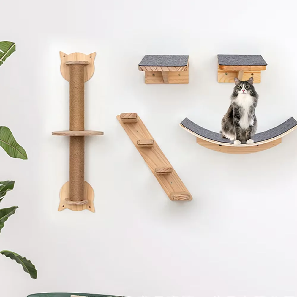 Wooden Hollow Cloud-Shaped Cat Nest with Felt Wall-Mounted Jumping Platform Solid Wood Linen Design Cat Bed  for Cat Comfort