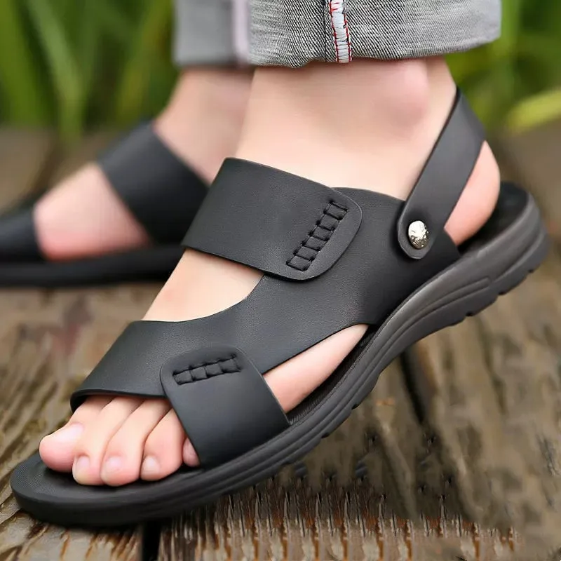 Men's Summer Casual Leather Sandals Breathable Beach Shoes Large Size round Toe Flat Heel Solid Color Slip-On Thong Slippers 1