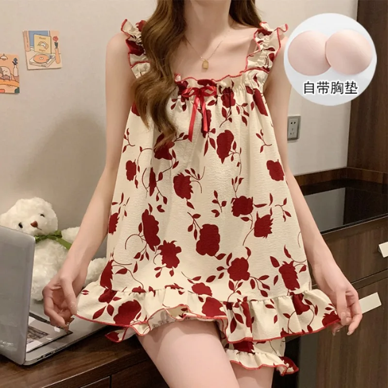 New Women Pajama Set Two-Piece Camisole Set Padded Bra Cartoon Design Girls Loungewear Students Can Wear Outdoors Lady Homewear