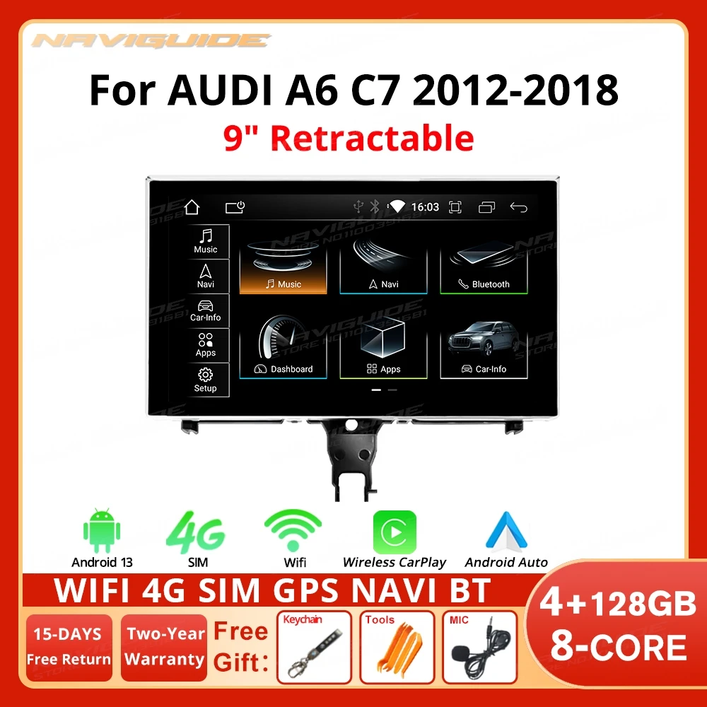 NAVIGUIDE Android 13 9 inch 8 Core For Audi A6 C7 2012-2018 LHD Wireless Carplay Android Auto Car Multimedia Smart car systems