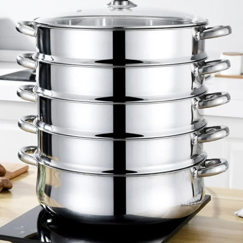 

5 Layers 28/30cm Stainless Steel Steamer Multifunctional Stockpot Practical Soup Pot Silver