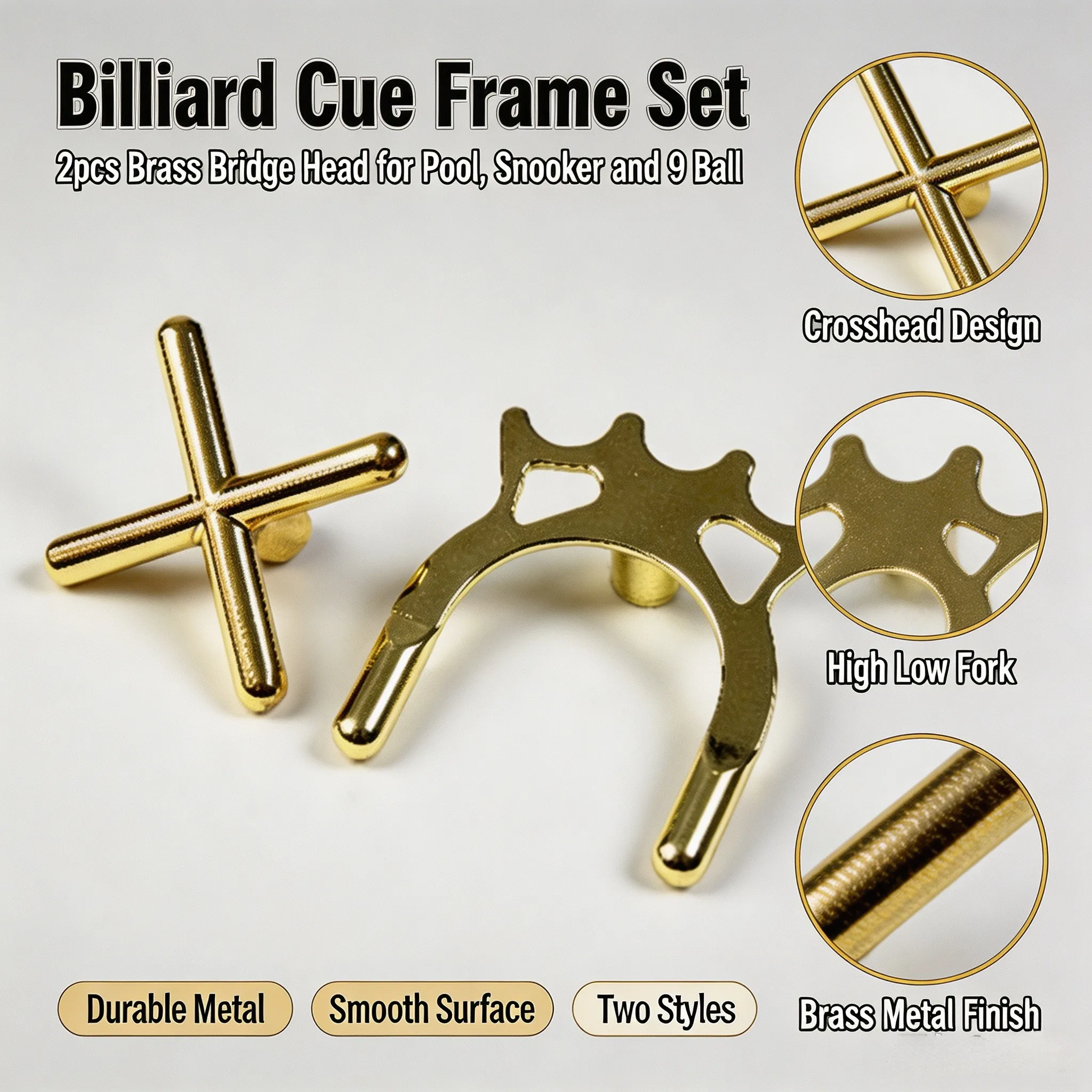 2pcs High Low Fork Crosshead Billiard Stand Brass Bridge Head Pool Cue Stick Frame Pole Accessories For Snooker Billards 9 Ball