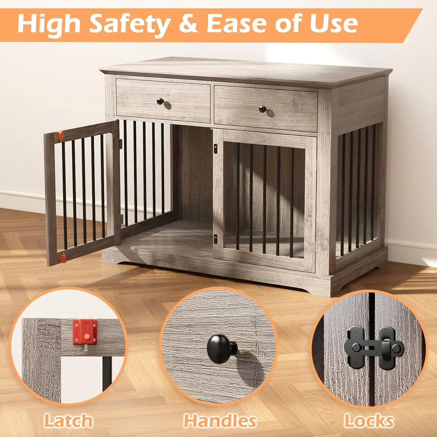 أثاث صندوق الكلاب، أثاث بيت الكلاب الخشبي الداخلي مع درجين للتخزين، أثاث صندوق كلب كبير شديد التحمل مقاس 46 بوصة