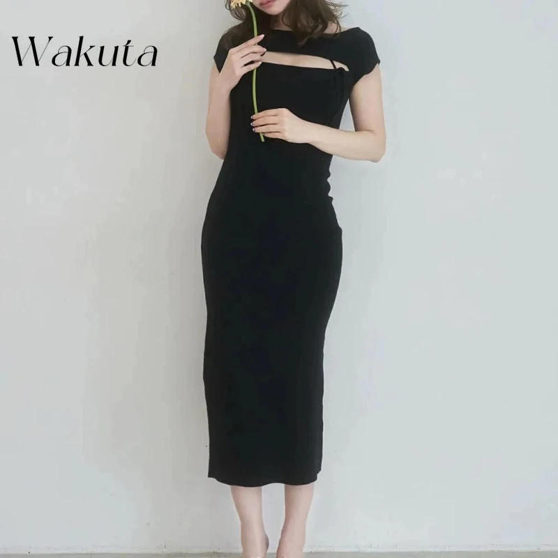 

WAKUTA Japanese Sweet Soft Girl Sexy Hollow Black Slim Fit Long Knitte Summer Dresses Y2k Aesthetic Slim Fit Vestidos Streetwear