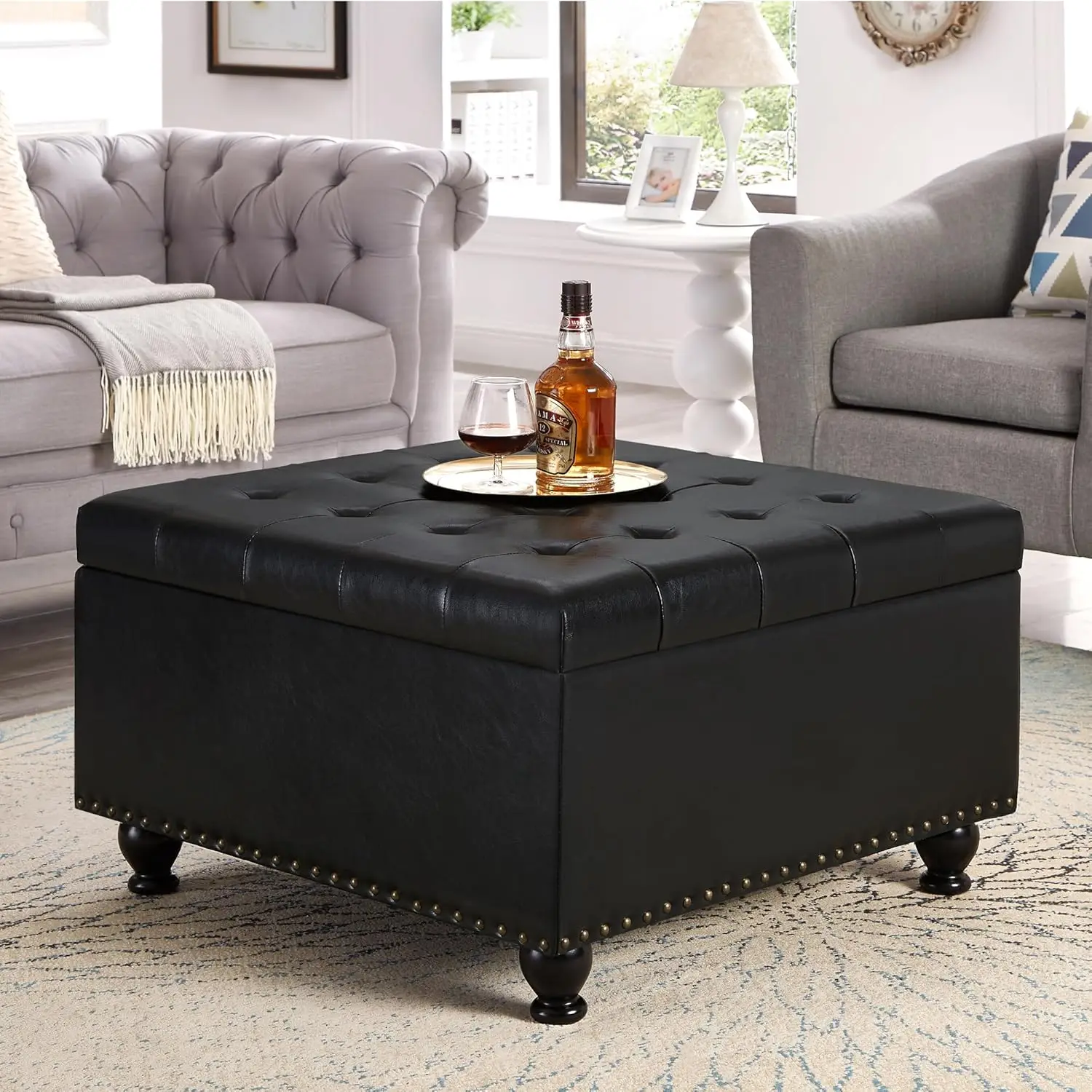 Large Square Storage Ottoman,Upholstered Button Tufted Coffee Table With Nail Trims And Wooden Legs For Living Room,Black Pu