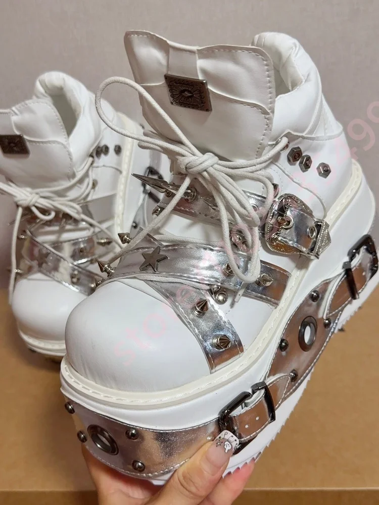 2026 White Silver Punk Platform Ankle Boots Women Spiked Rivet Buckle Lace Up Gothic Y2K Street Style Chunky High Top Shoes view 6