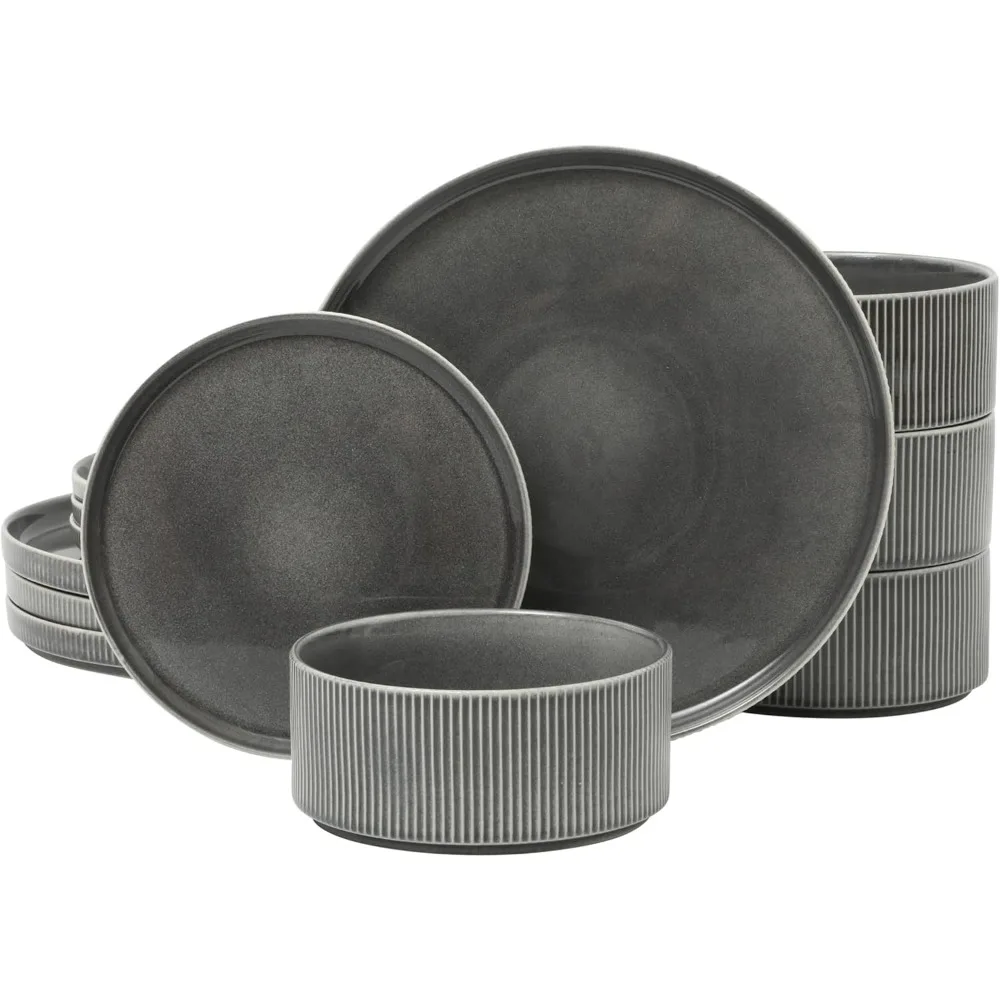 

Gibson Elite Solana Coast 12-Piece Stoneware Reactive Glaze Dinnerware Set for 4 with Modern Embossed Shapes
