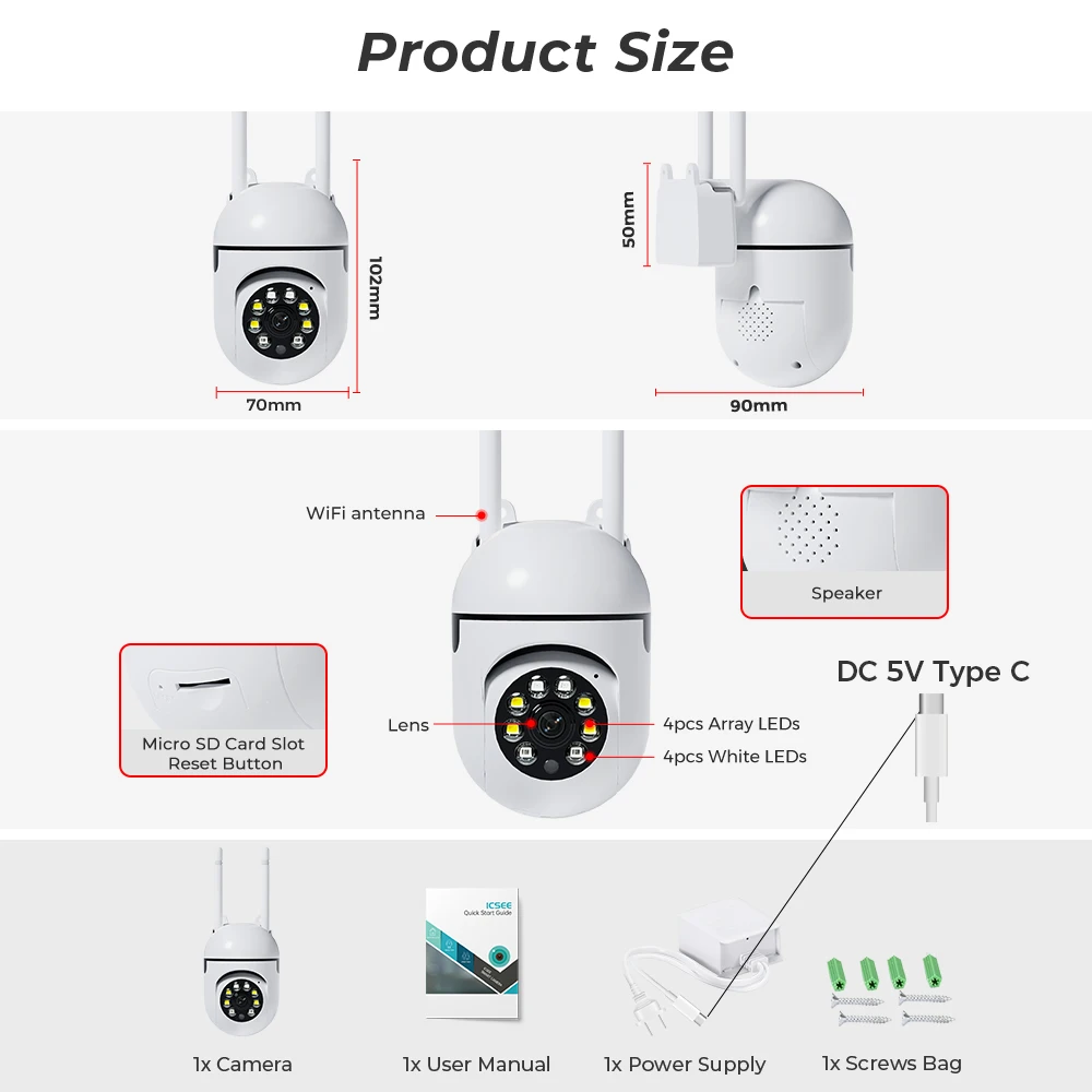 1/2 Stück 2MP Mini PTZ WLAN-Sicherheitskamera HD ICsee App Heimüberwachungskamera Nachtsicht Menschenerkennung Auto-Tracking Audio – Detail 2