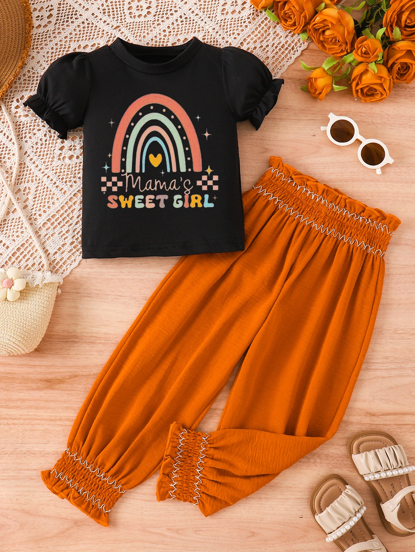 0-3yrs old Rainbow mama's sweet girl t-shirt popular orange Bloomers casual clothes sets for girls