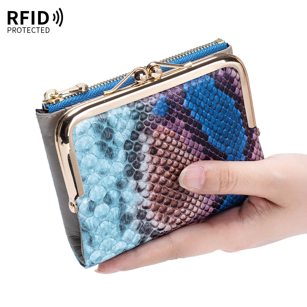 RFID Card Holder Cow Leather Purse Women Short Genuine Leather Wallet 2026 New Serpentine Pattern Cowhide Clutch Bag