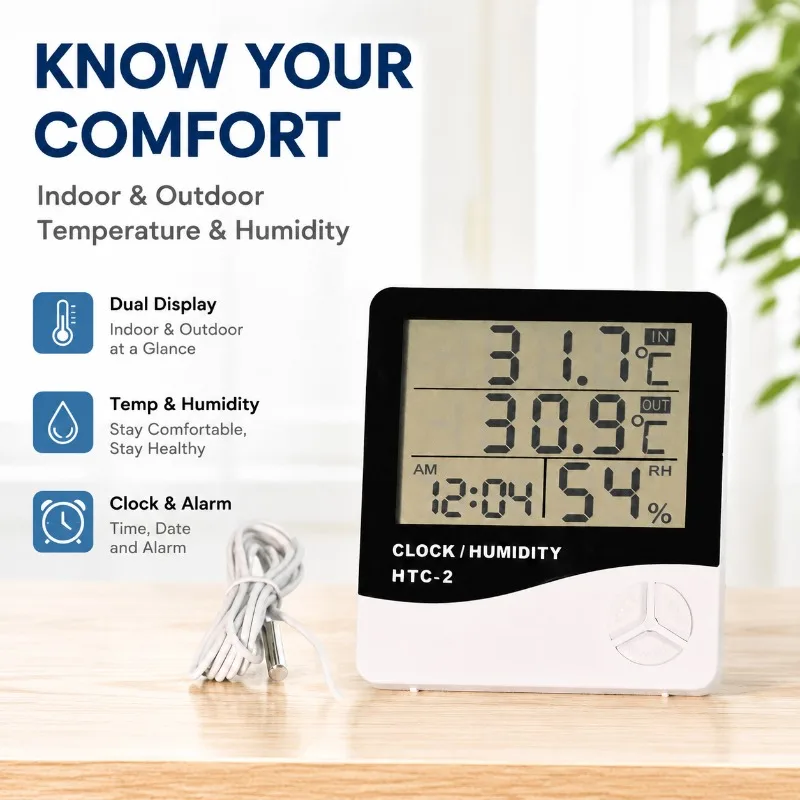 HTC-2 Indoor Outdoor Thermometer Hygrometer with Alarm Clock Creative Household Electronic Temperature Meter Dual Temperature
