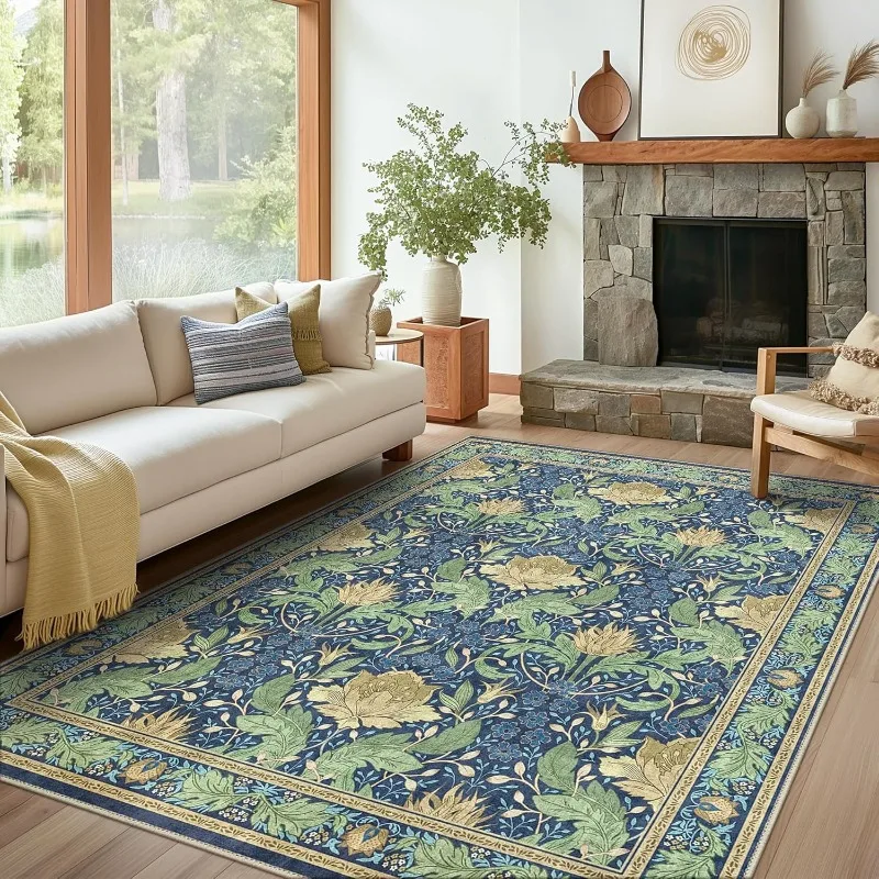 Vintage Floral Rug Carpet for Living Room Machine Washable Non-Slip Rugs Home Decor Large Bedroom Carpets Sofa Coffee Table Mat