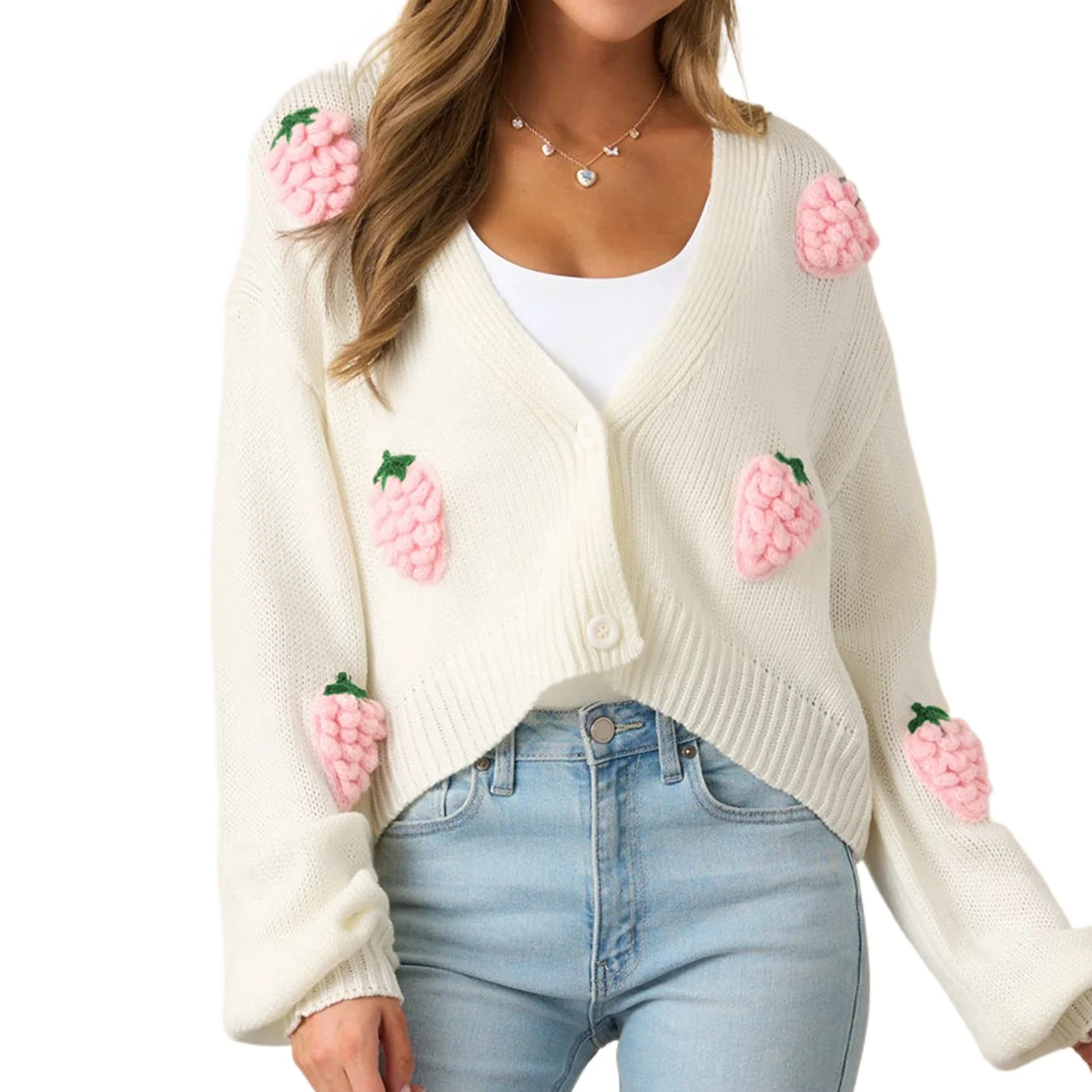 3D strawberry pattern women's elegant  2025 autumn winter new European and American cross-border button long sleeve knitwear