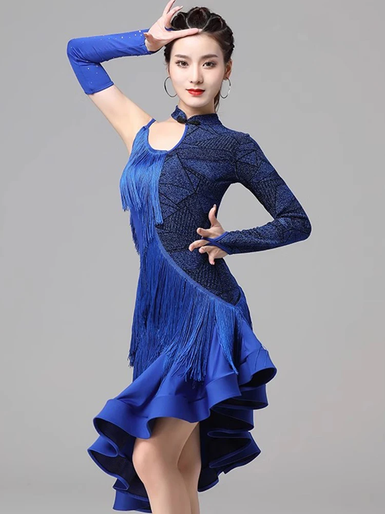 Robe boucles de doigts strass manches filles franges Costume une pièce robes de concours de danse latine femmes Salsa Samba fronde