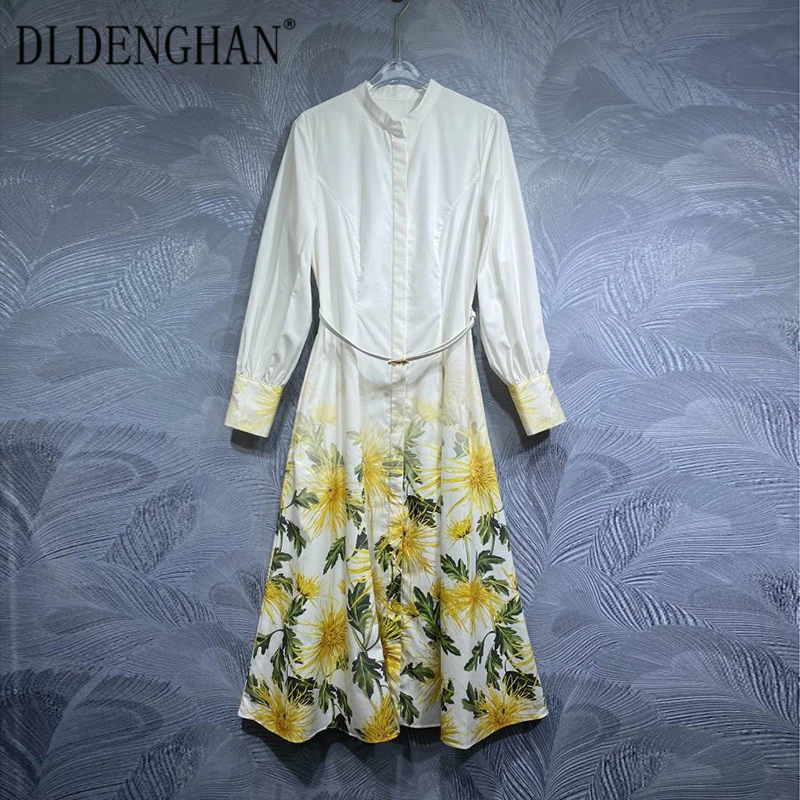 DLDENGHAN Single Breasted Cotton Dress For Women Stand Collar Lantern sleeves Sashes Floral Print Vacation Dresses Runway New