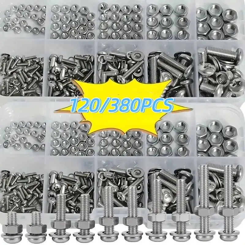 Hex Nuts and Bolt Set Industrial Grade Durable 380Pcs M2-M5 Metric Sizes for General Home Improvement Projects