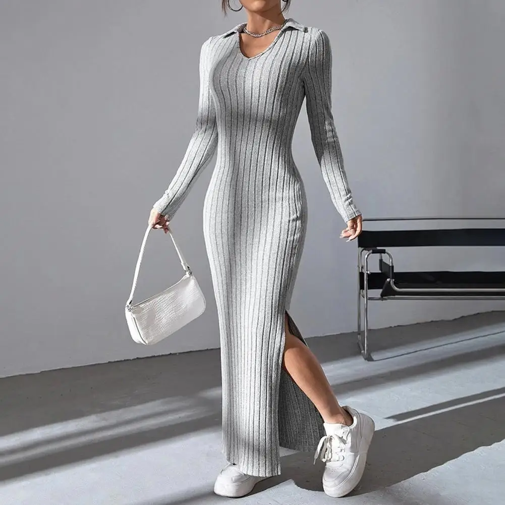 Knitted Maxi Dress Elegant V Neck Maxi Dress for Women Spring Fall with Slit Hem Long Sleeves for Shopping Dating Parties Women