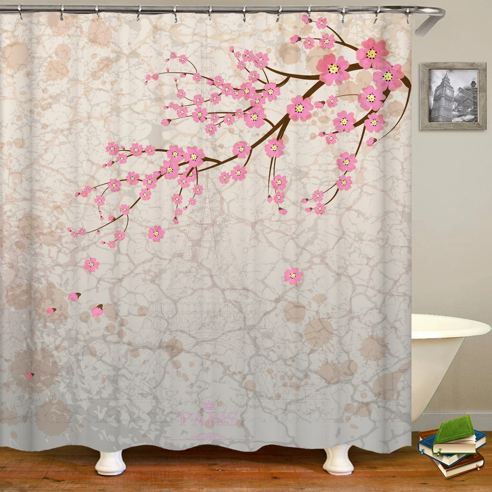 3d Shower Curtains Flowers Paris Tower Waterproof Bathroom Curtain With 12 Hooks Home Decoration Washable Polyester Bath Screen