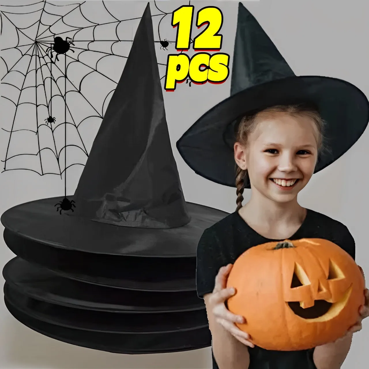 1-12pcs Halloween Witch Hat Kids Adults Halloween Party Cosplay Costume Props Decoration Black Wizard Cap Yard Hanging Witch Hat