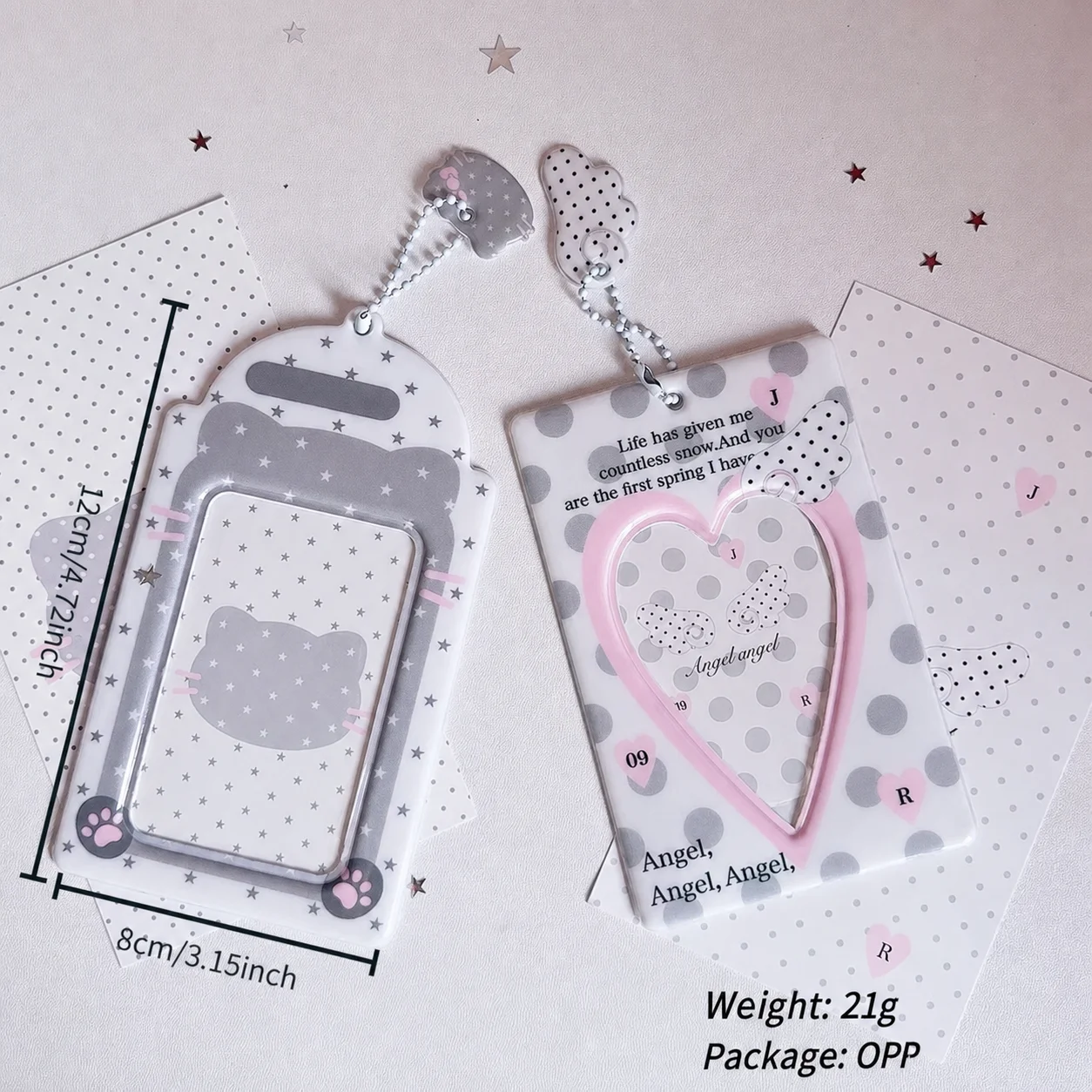 Cute Polka Dot PVC Photo Frame Heart Card Case for Inch Kpop Card School ID Bank Card Cover with Bead Chain Pendant Wholesales