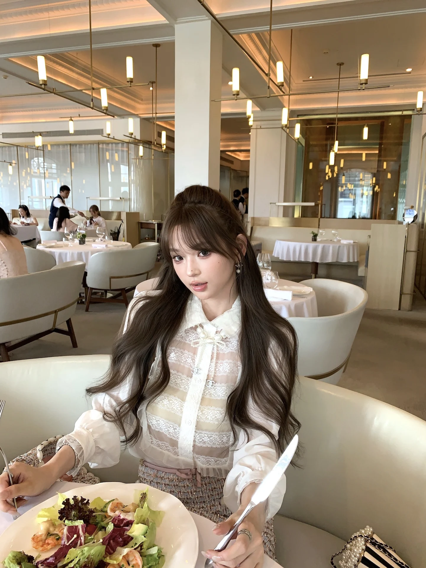 

Ele Sle Silk Lace Hollow out Collar Wooden Trim irt Women's Skin Friendly Breathable Long Sve Straight Cut