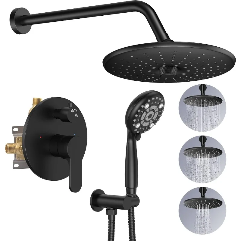 

Black Shower System - 3 Functions 10 Inches Rain Shower Head Faucet- 6 Setting Handheld Shower Head Set- Valve Included