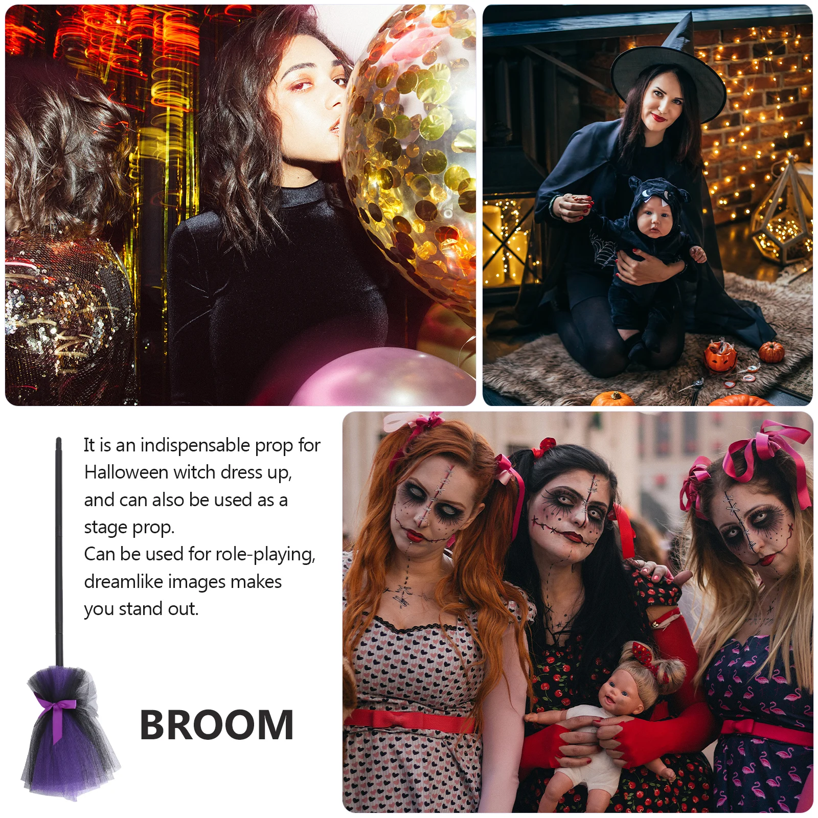 

Broom Halloween Prop Decor Hand Woven Broomstick Costume Accessory Witch Besom Toy Purple Party DIY Decoration