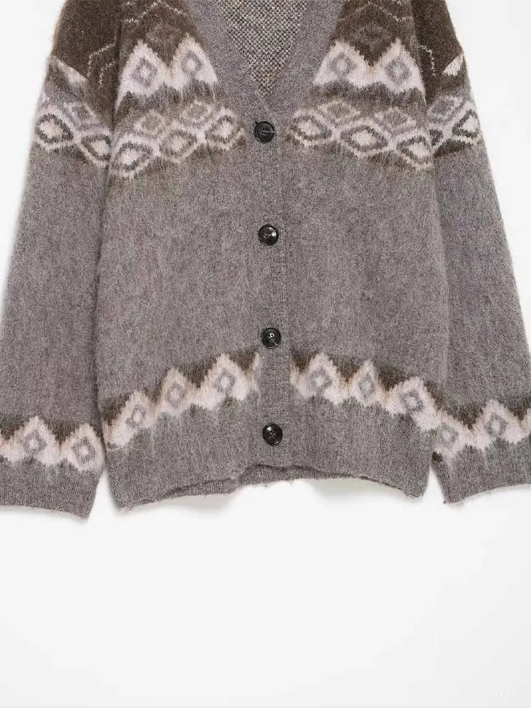 Estilo europeu e americano outono recém chegados roupas femininas da moda, versátil decote em v desbotado jacquard malha cardigan