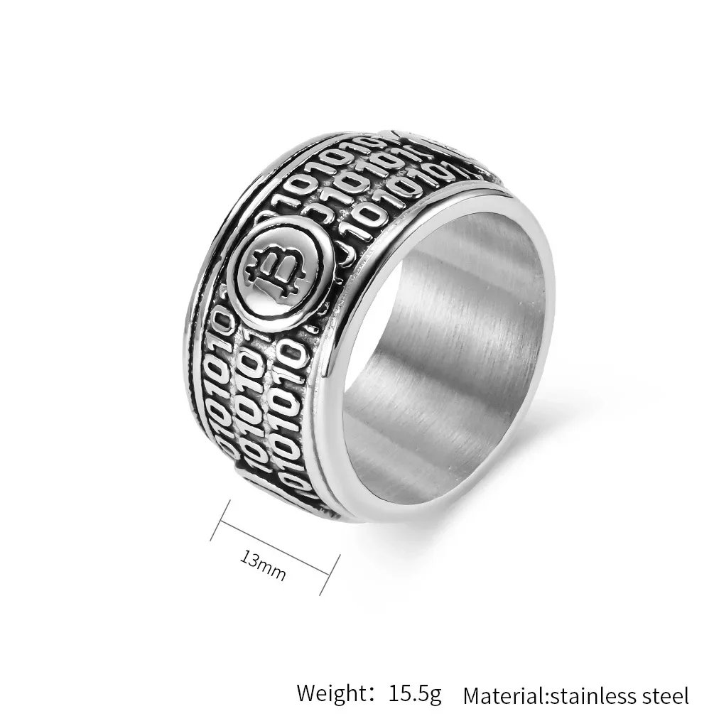 Large Big Stainless Steel Statement Bitcoin Silver Black Gold Plated Ring Hip Hop Jewelry for Men