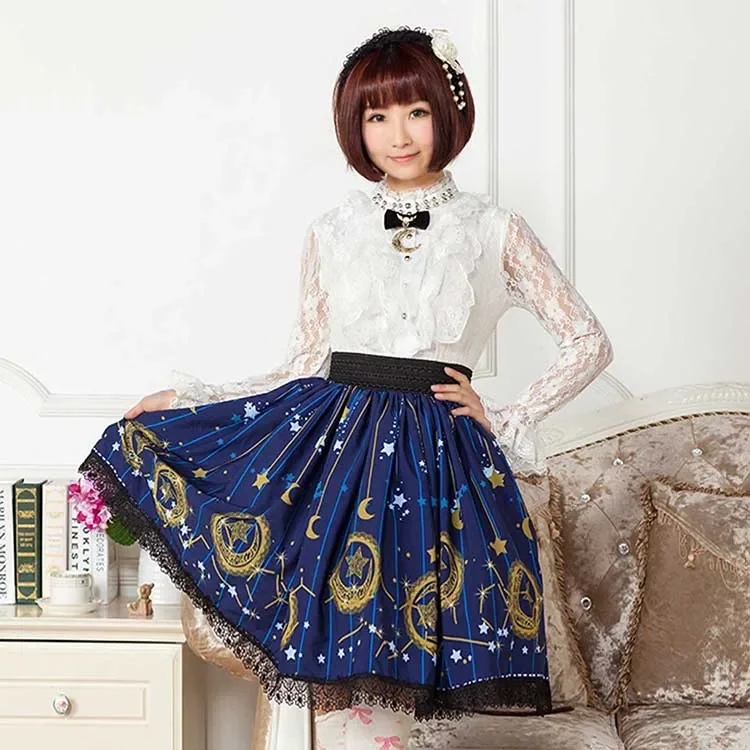 Mori Girl Blue Skater Skirt Moon and Star Printed Lady's Pleated Short Lolita Elastic Waist Skirt