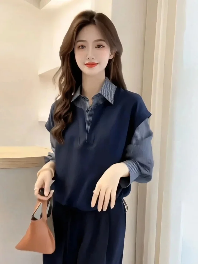 Unique Checkered Long Sleeve Shirt Women's Spring Autumn Loose Lazy Top Beautiful Splicing Korean Style Commute Pure Color