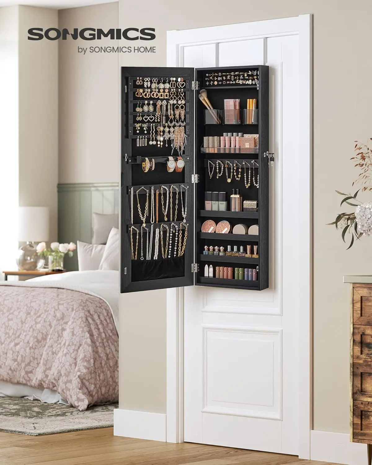 Mirror Jewelry Cabinet Armoire, Wall or Door Mounted Jewelry Storage